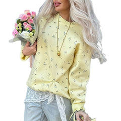 Damen Pullover im europäischen und amerikanischen Stil mit schickem Blumenmuster und Rundhalsausschnitt