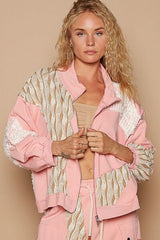 Modern Women Pink Applique Patchwork Zip-Up Jacket Artistic Details And Functional Design