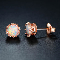 Fire Opal Crown Stud Earrings in 18K Rose Gold Plating