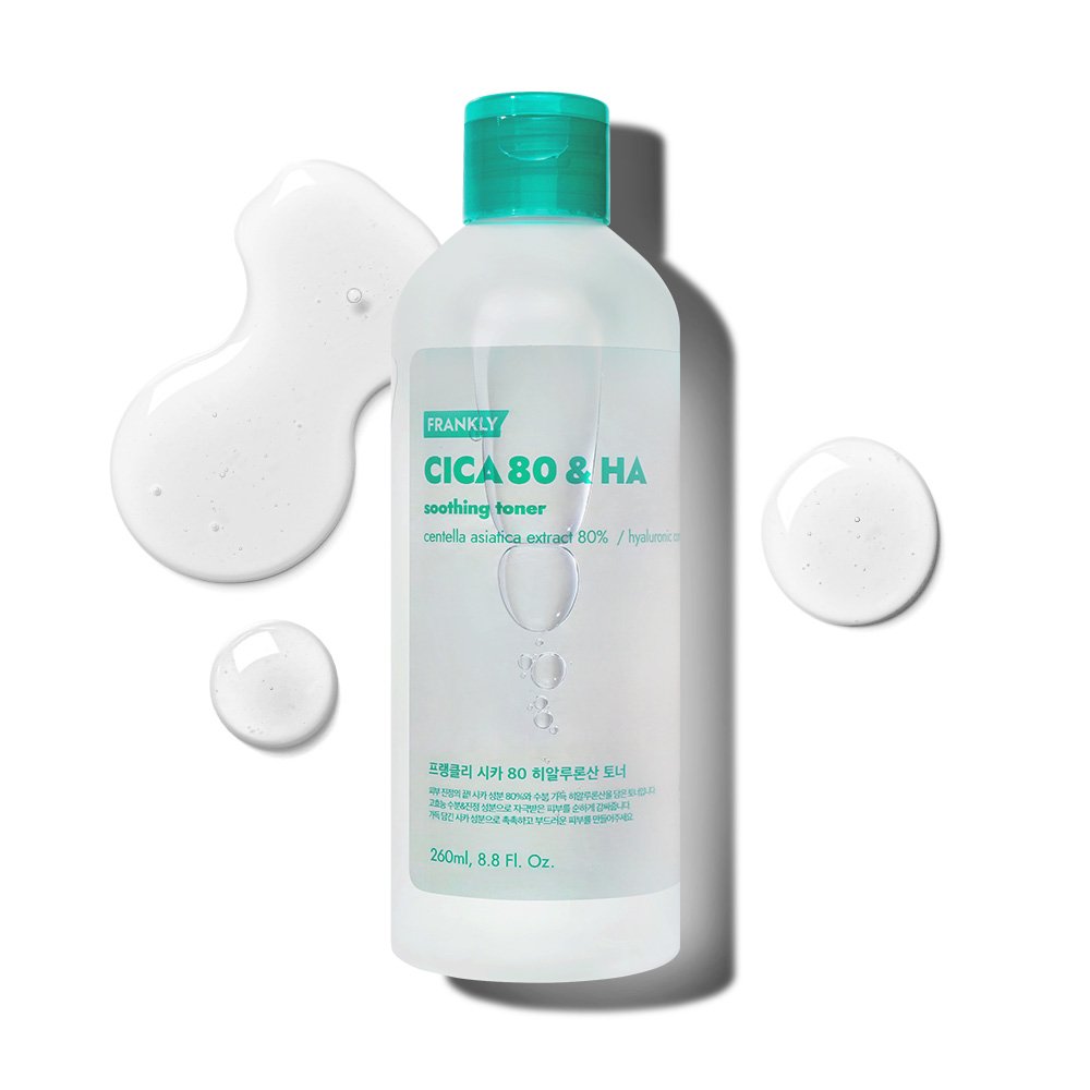 CICA hyaluronic acid toner for sensitive skin in a 260ml bottle with soothing gel drops.