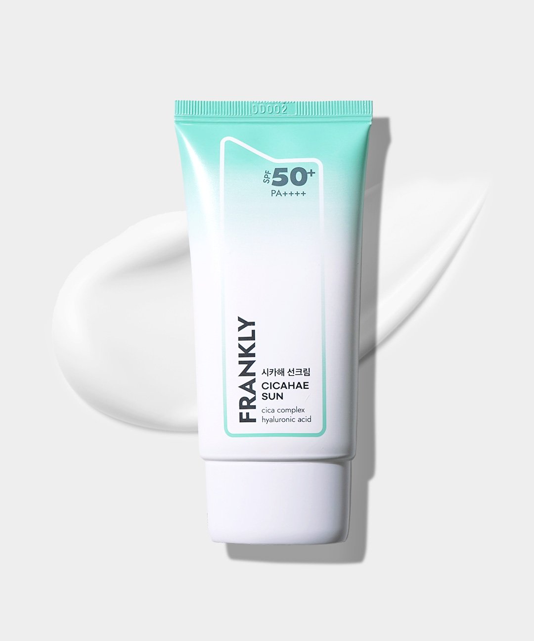 FRANKLY Cicahae Sun SPF50+ PA++++ 50ml daily sunscreen with SPF50 in a tube with light cream swatch.