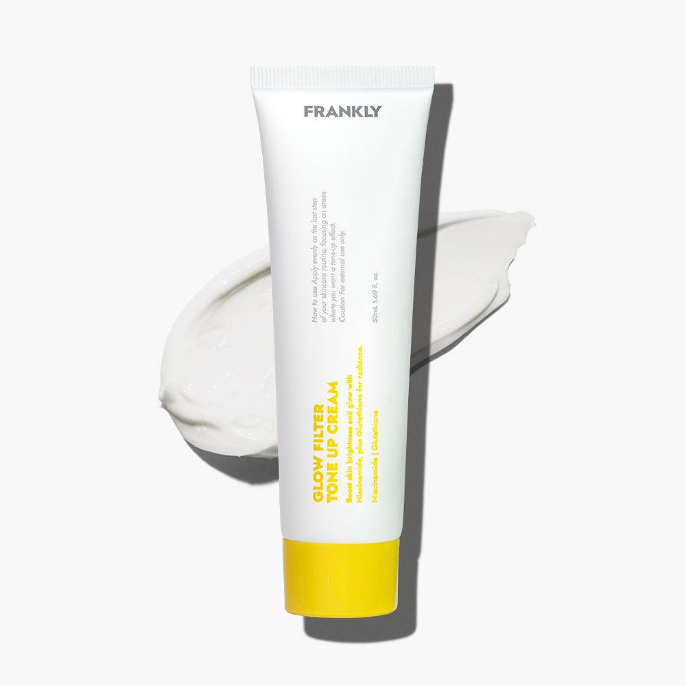 FRANKLY Glow Filter Tone Up Cream for glowing skin with a vibrant texture on a white background.