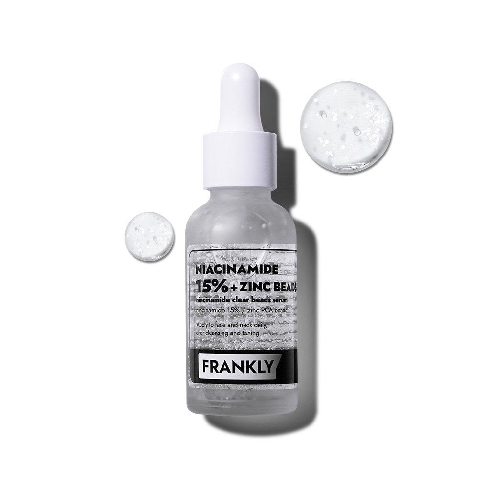 FRANKLY Niacinamide 15% + Zinc Beads Serum 30ml for acne-prone skin, effective niacinamide zinc serum for acne-prone skin.