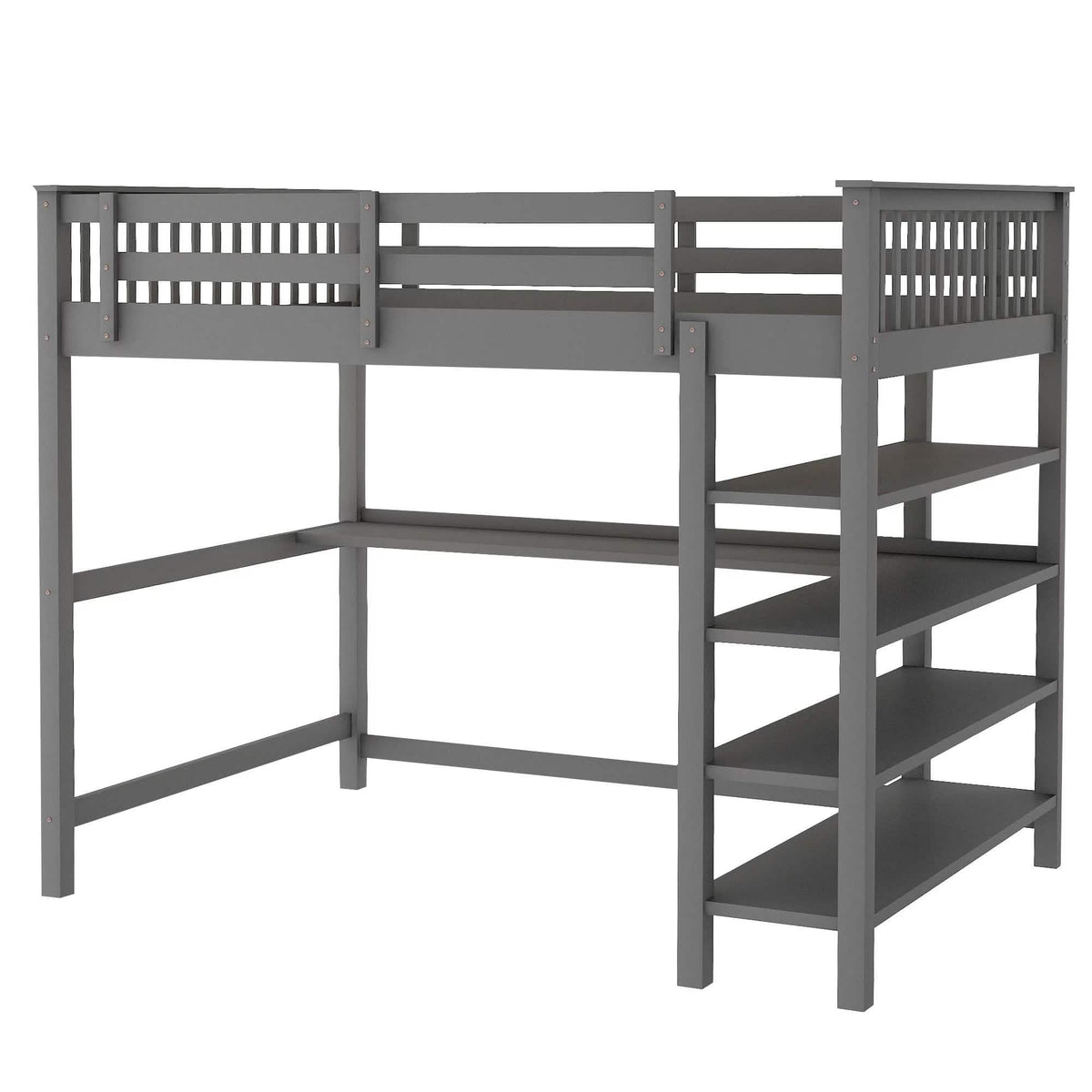 Full Size Loft Bed with Under-bed Desk and Storage Shelves