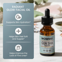 Gua Sha facial oil bottle on a marble surface, highlighting hydration and skin softness benefits