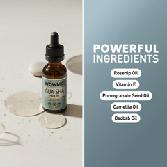 gua sha facial oil bottle surrounded by essential oils and ingredients