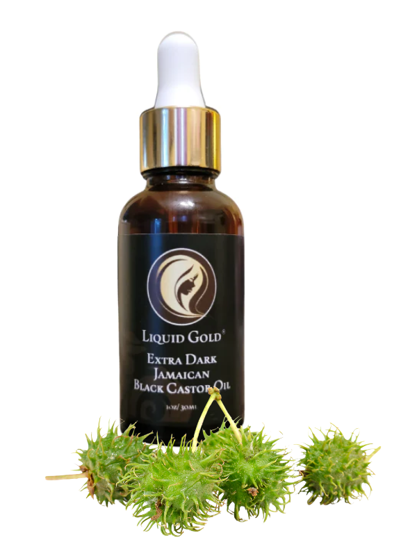 1oz Liquid Gold jamaican black castor oil for hair growth with green seed pods