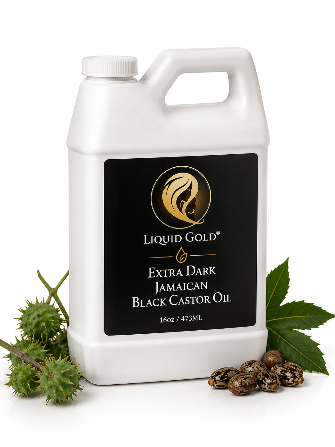 16oz Liquid Gold extra dark jamaican black castor oil for hair growth jug with castor beans and leaves.