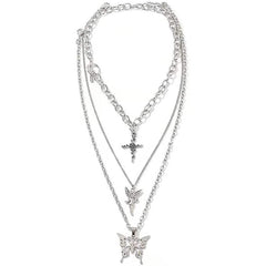 Layered Butterfly Cross Angel Pendant Necklace