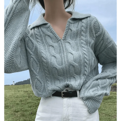 Luxury Kitty Retro Women Sweater Pullovers Knitted Casual Solid Autumn Turn-down Collar Feminine Loose All Match Soft Sweet Tops