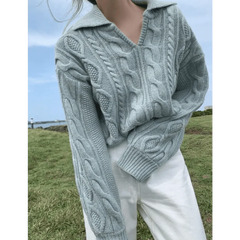 Luxury Kitty Retro Women Sweater Pullovers Knitted Casual Solid Autumn Turn-down Collar Feminine Loose All Match Soft Sweet Tops