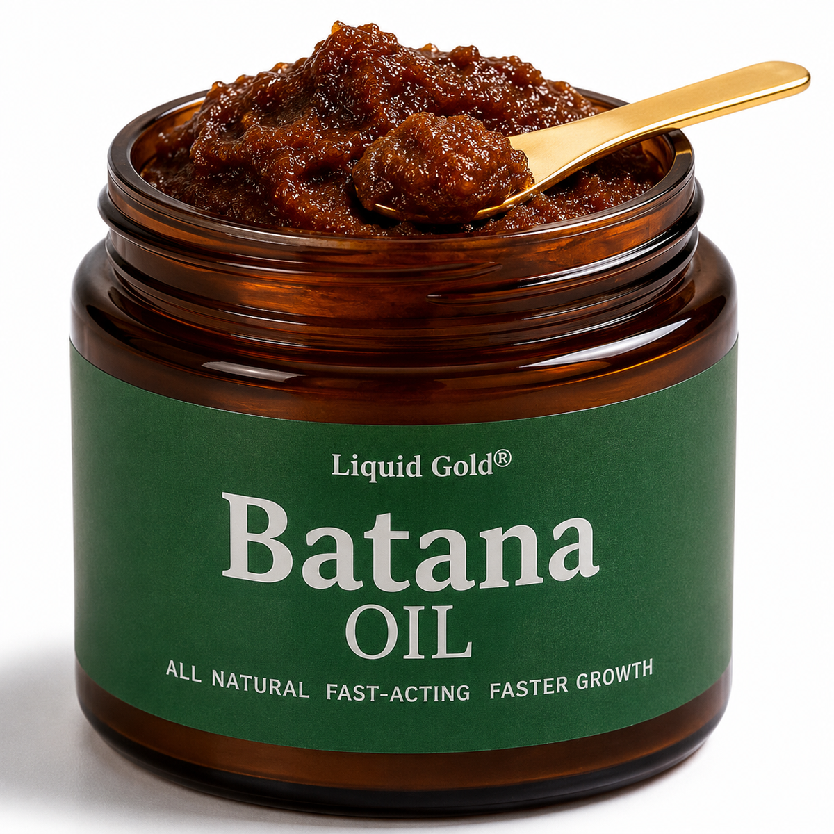 Authentic 2oz Jar of raw batana oil from Honduras. Thick, unrefined brown paste scooped with a gold spoon for hair growth.