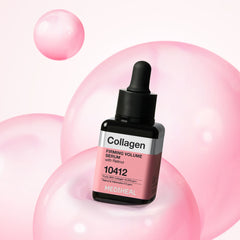 collagen firming volume serum displayed in a sleek bottle surrounded by pink bubbles