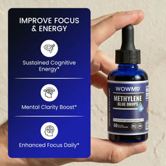 methylene blue cognitive wellness drops in a hand with product highlights on focus and energy