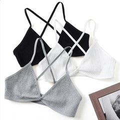 Nouveaux soutiens-gorge doux et confortables en coton pour femmes, fins et de style français, avec décolleté plongeant en V, bonnets triangulaires, dos croisé élégant, petite taille