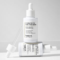 α-arbutin brightening serum for even skin tone in a 50ml bottle with dropper, promoting radiant skin.