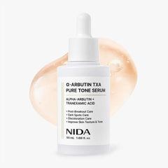 α-arbutin brightening serum for even skin tone in a dropper bottle against a light background.
