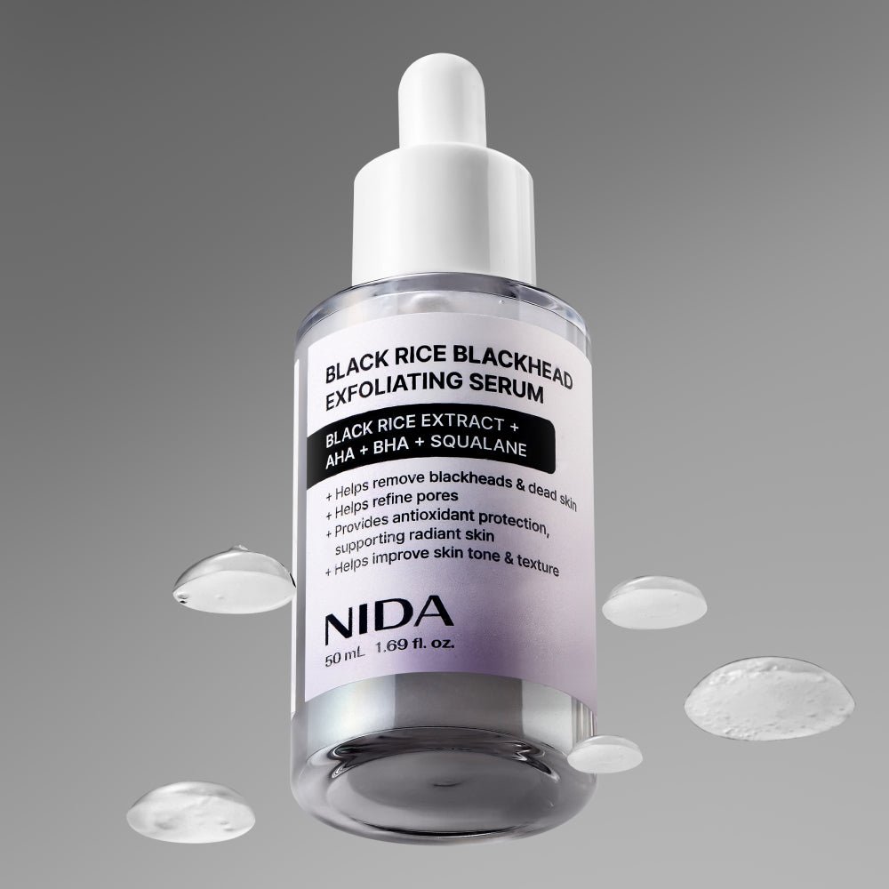 NIDA Black Rice Blackhead Exfoliating Serum 50ml, a blackhead exfoliating serum enhancing skin clarity and texture.