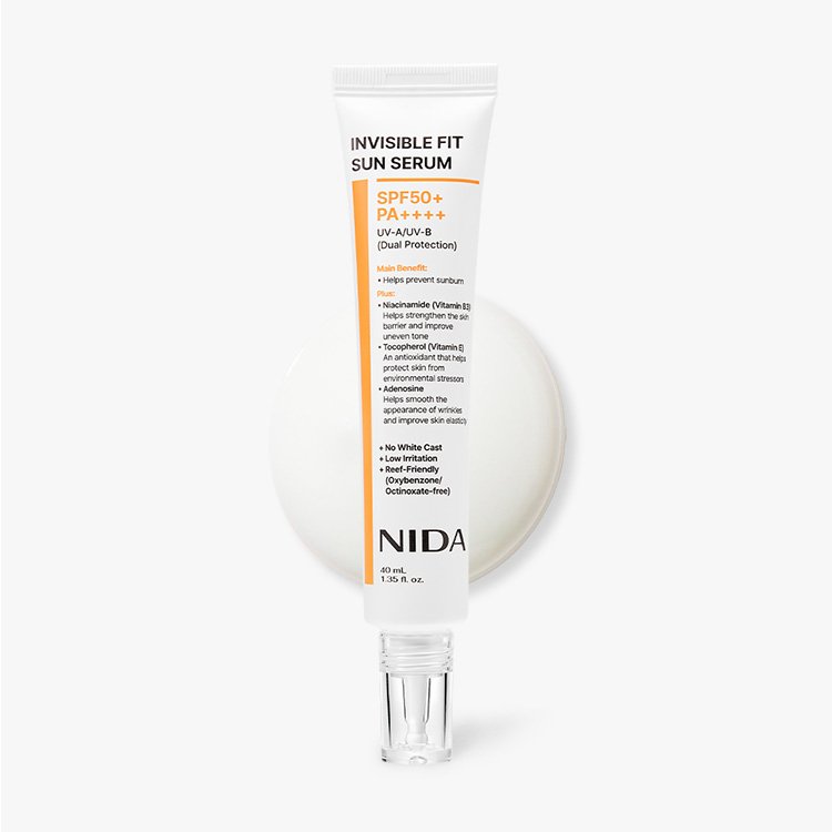 NIDA Invisible Fit Sun Serum 40ml with SPF50+ PA++++ for daily UV protection and skin brightening.