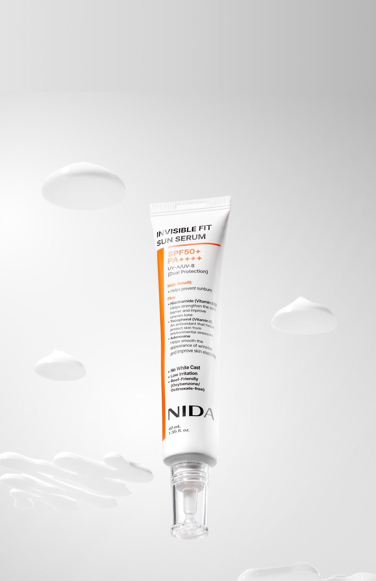 NIDA Invisible Fit Sun Serum 40ml tube with SPF50+ PA++++ on a light background