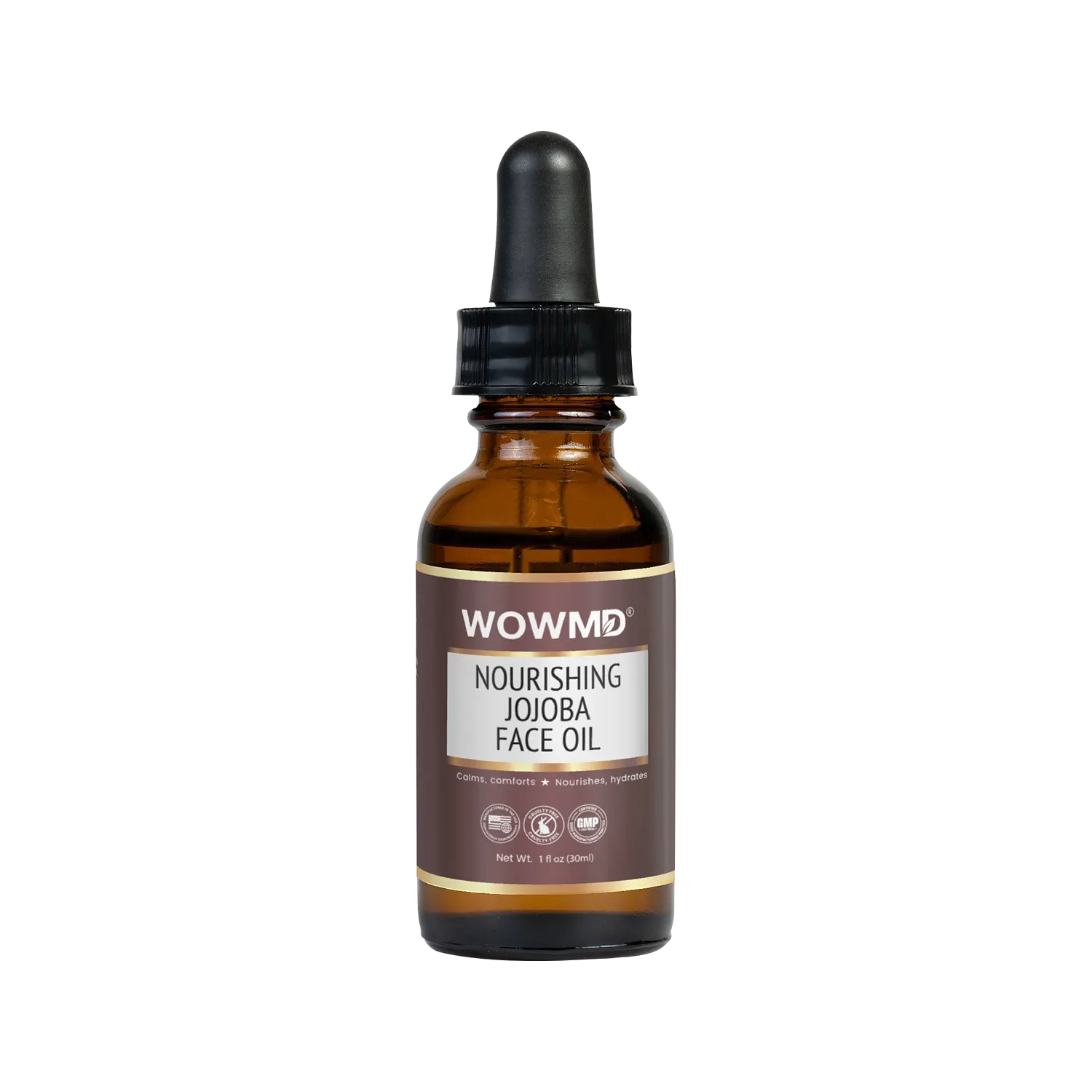 Bottle of WOW MD LLC Nourishing Jojoba Face Oil for facial care, with dropper applicator and clear label on a white background.