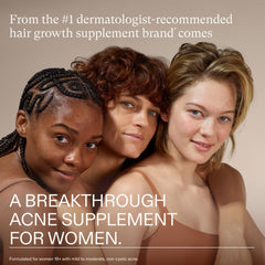Nutrafol Clear Skin nutraceutical acne supplements for women; 3-month supply for mild to moderate acne relief.