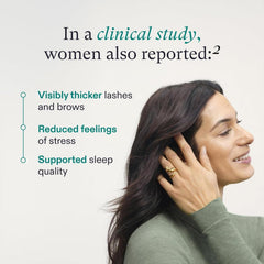 Women in a clinical study reporting benefits of women's hair growth supplement including thicker lashes and reduced stress.