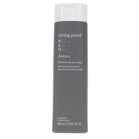Living Proof Perfect hair Day shampoo bottle on white background.