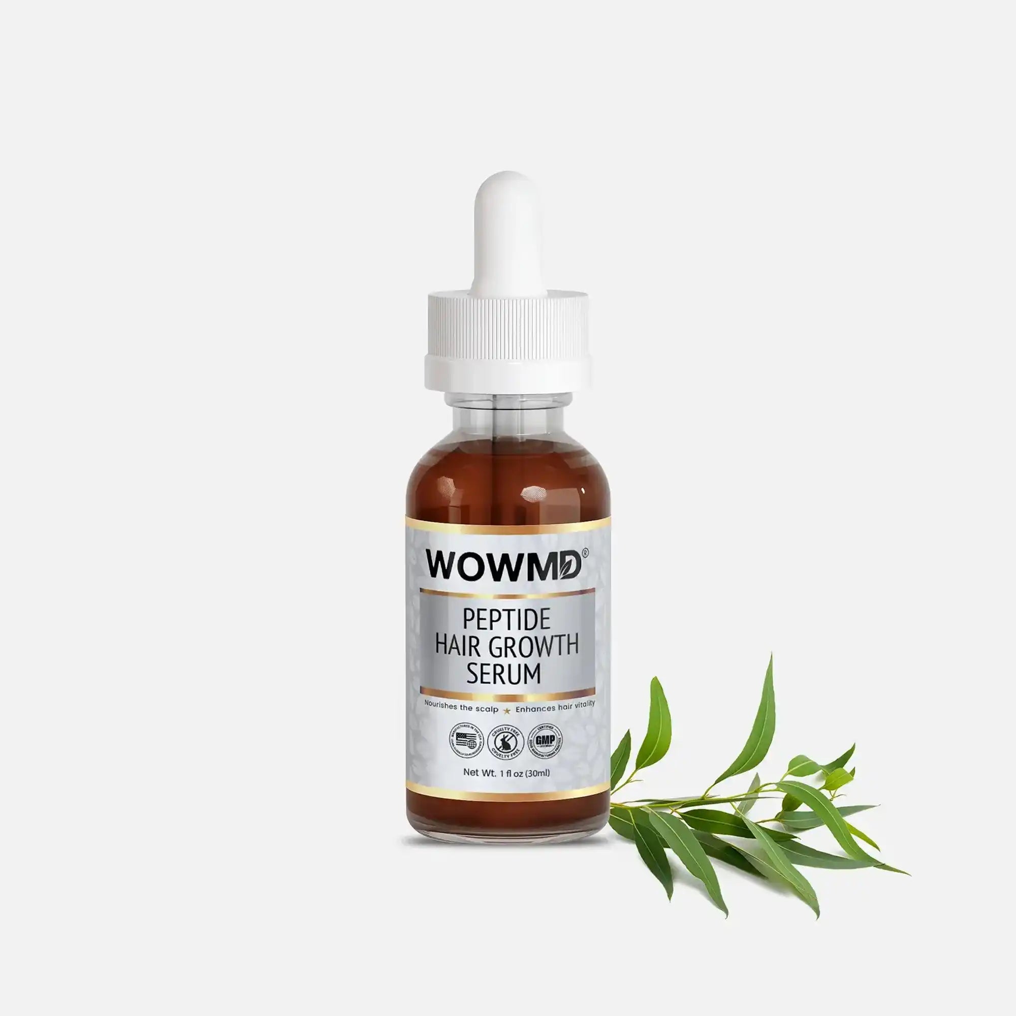 Bottle of WOW MD LLC Peptide Hair Growth Serum for hair care, showcasing the serum's packaging and applicator.