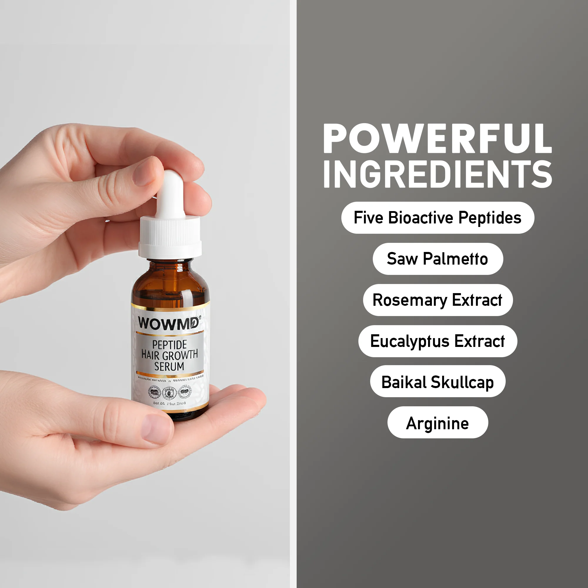 Close-up of WOW MD LLC Peptide Hair Growth Serum bottle with ingredients displayed, highlighting hair care product for hair growth.