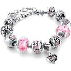 Pink Crystal Love Heart Bead Glass Charm Bracelet with Extender