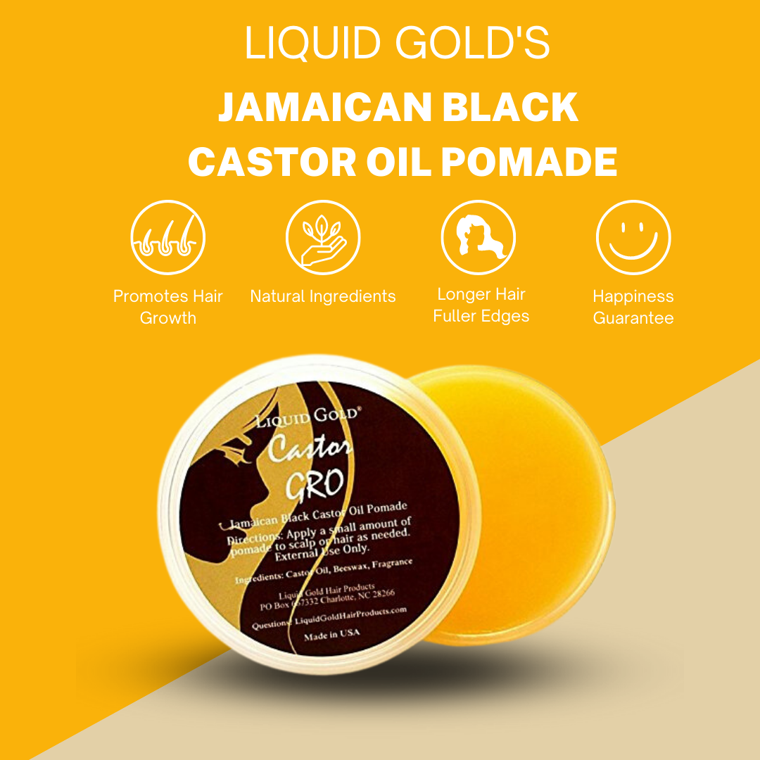 Liquid Gold Castor Gro Jamaican black castor oil pomade 2oz tin for hair growth, natural ingredients, and fuller edges.