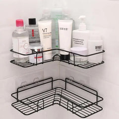 Premium Quality Bathroom Kitchen Punch Corner Frame Shower Shelf Wrought Iron Shampoo Storage Rack Holder with Suction Cup Bathroom Accessories