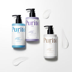 shea butter body lotion bottles in various scents by PURITO SEOUL with lotion spills
