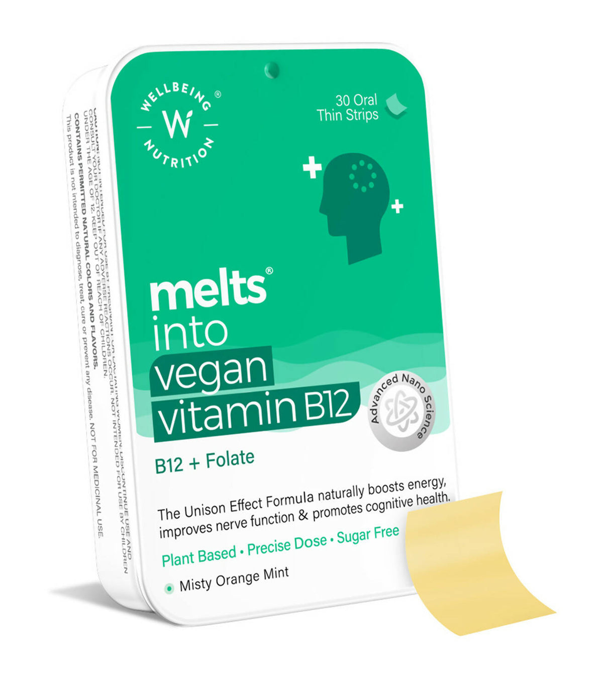 Wellbeing Nutrition Melts Tiras finas orales veganas de vitamina B12 - sabor a naranja y menta brumosa