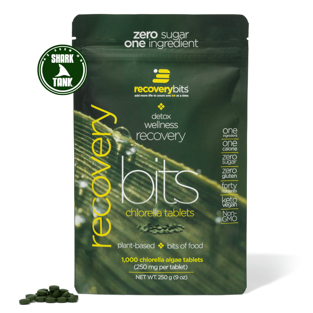 RECOVERYbits Chlorella Tablets large bag front packaging view