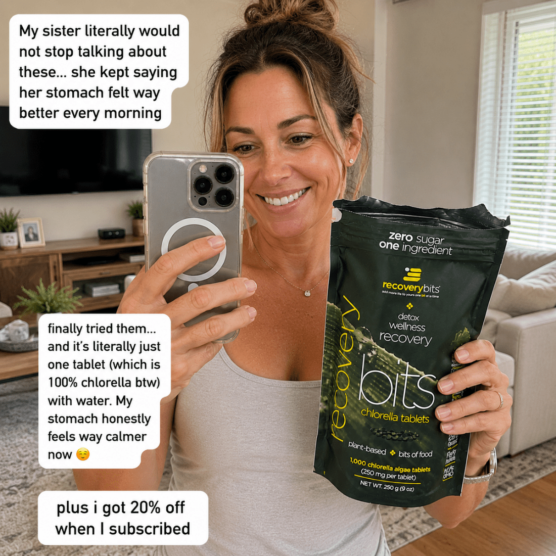 Customer holding a bag of RECOVERYbits Chlorella Tablets for daily recovery