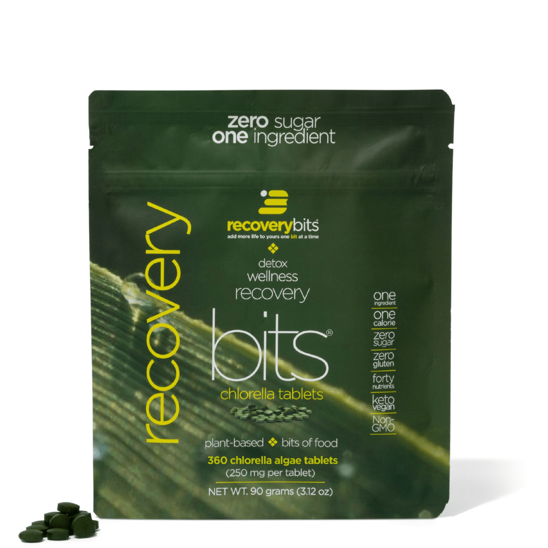 RECOVERYbits Chlorella Tablets small bag front packaging view