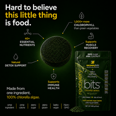 RECOVERYbits Chlorella Tablets back packaging with directions and benefits