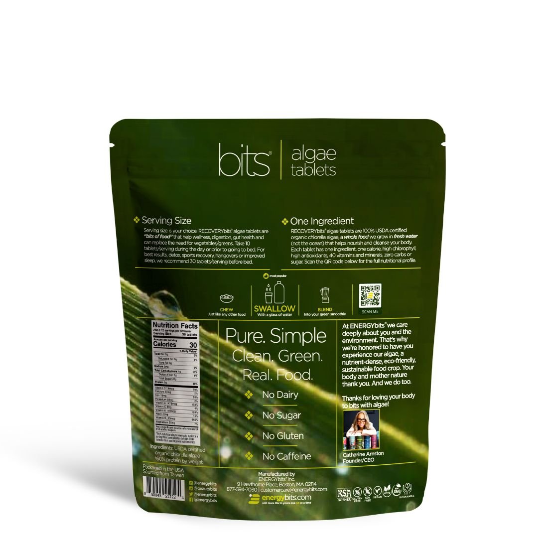 RECOVERYbits Chlorella Tablets supplement facts and nutrition label
