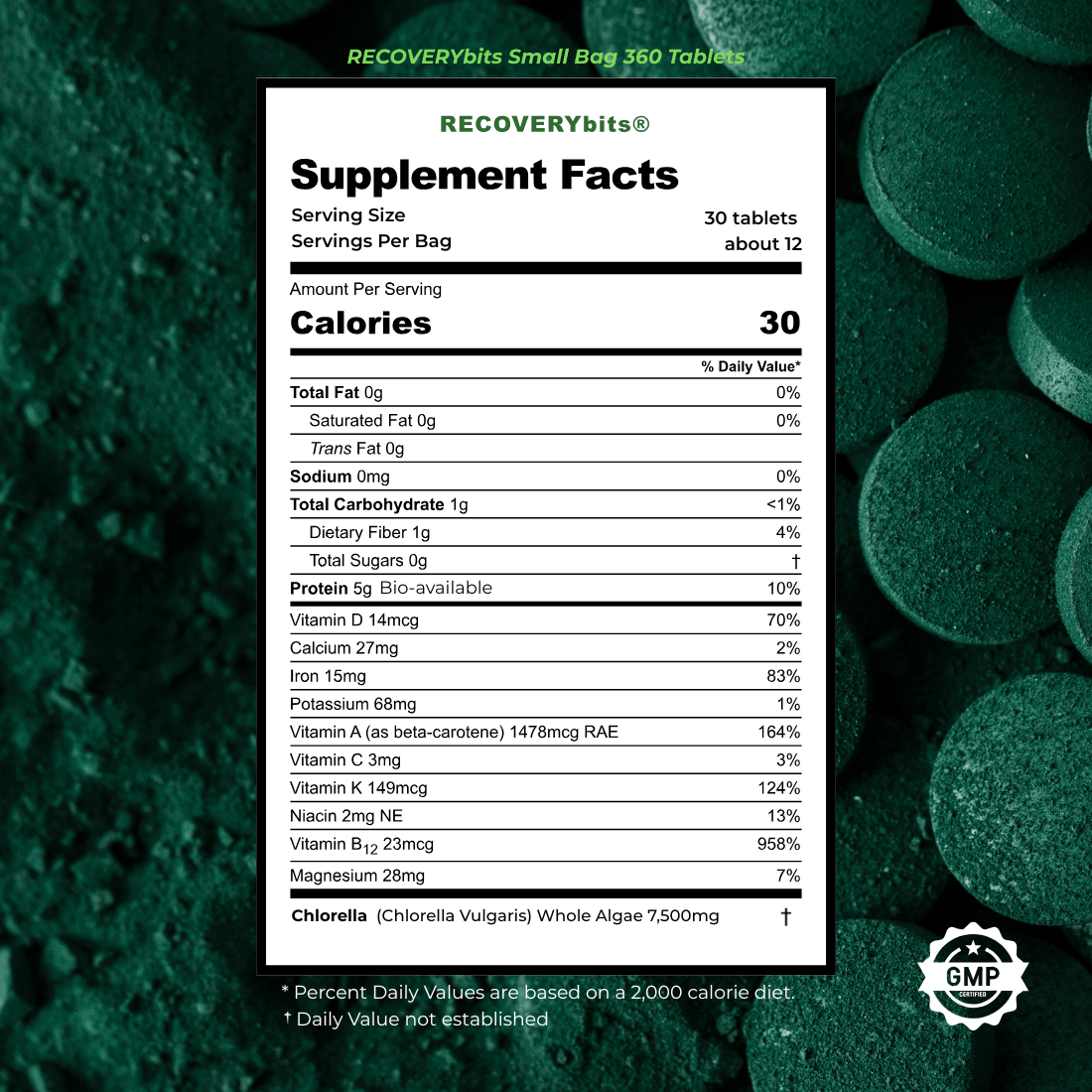 Front package view of RECOVERYbits Chlorella Tablets small bag pouch