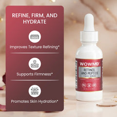 Retinol peptide face serum bottle on a soft background with benefits like improving texture, firmness, and hydration.