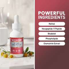Retinol peptide face serum displayed with powerful ingredients listed including retinol, Hexapeptide-11, and bisabolol.