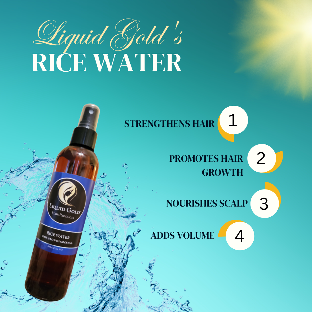 Liquid Gold 8oz rice water hair growth cocktail bottle with water splash. Benefits: strengthens hair, promotes growth, nourishes scalp.