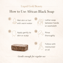 How to use raw african black soap: 5 easy steps including wet skin, lather, apply gently, rinse thoroughly, and moisturize.