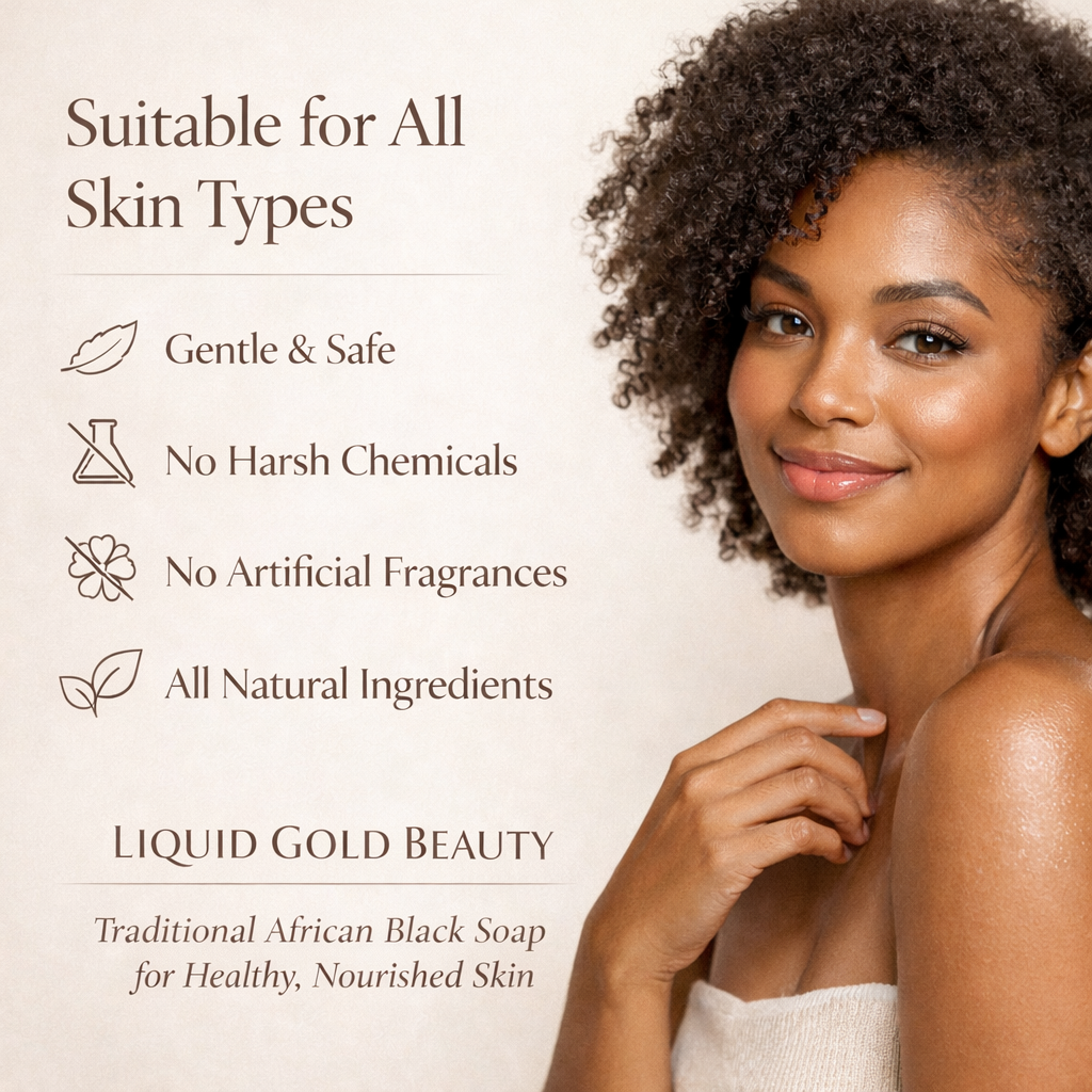 Smiling woman with healthy skin presenting raw african black soap: gentle, all natural ingredients, and suitable for all skin types.
