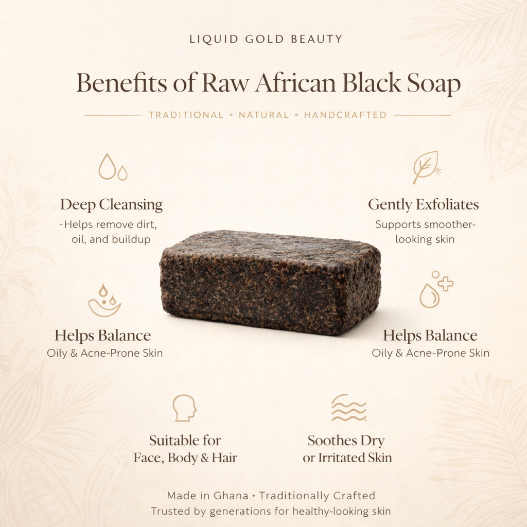 Benefits of raw african black soap infographic highlighting deep cleansing, gentle exfoliation, and balancing acne-prone skin.