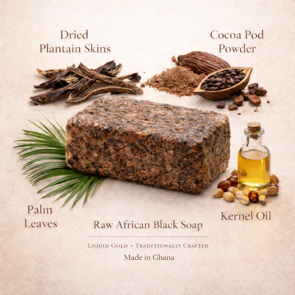Block of raw african black soap surrounded by natural ingredients: dried plantain skins, cocoa pod powder, palm leaves, kernel oil.