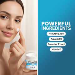 Smiling woman applying WOWMD daily skin hydration cream featuring Hyaluronic Acid and Avocado Oil.