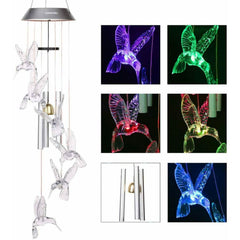 Solar Color Changing LED Hummingbird Wind Chimes Light Tubes Bells Lamp Outdoor